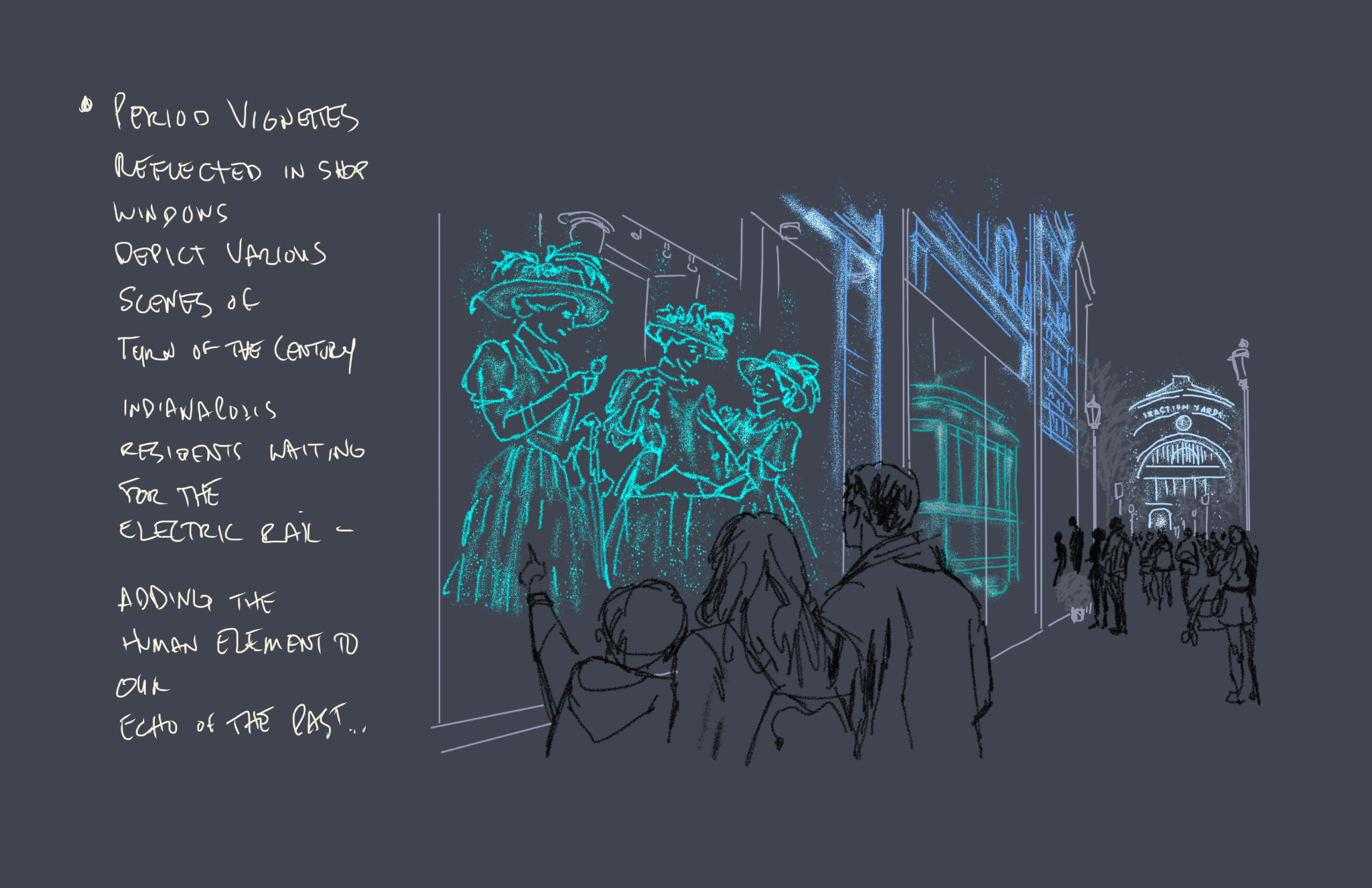 Original storyboard · Period figures appear in storefront windows