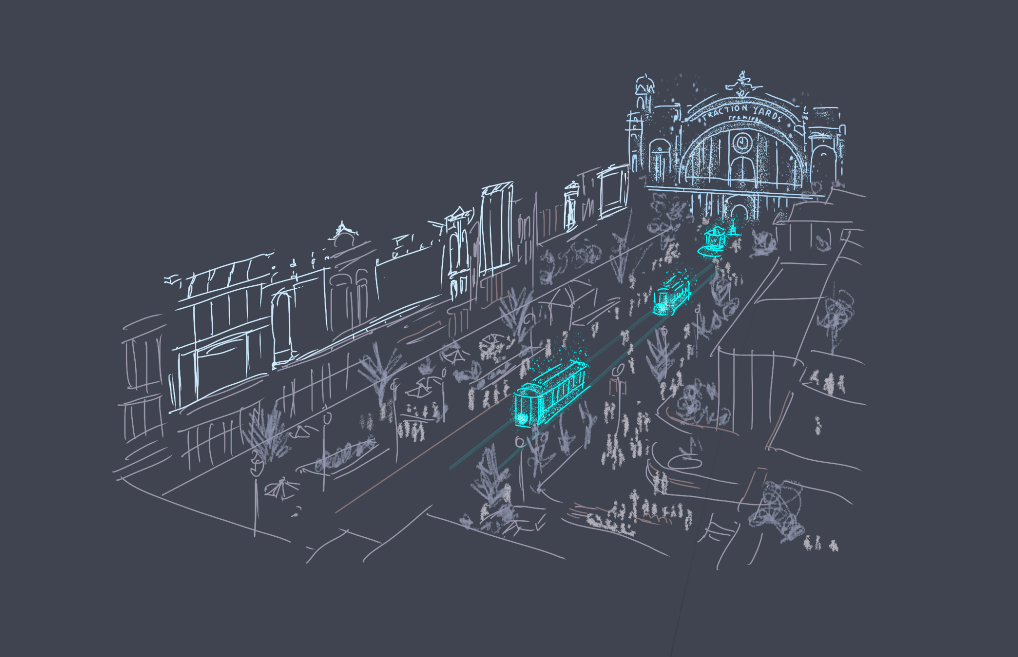 Original storyboard · Multiple spectral trolleys converge on the illuminated terminal