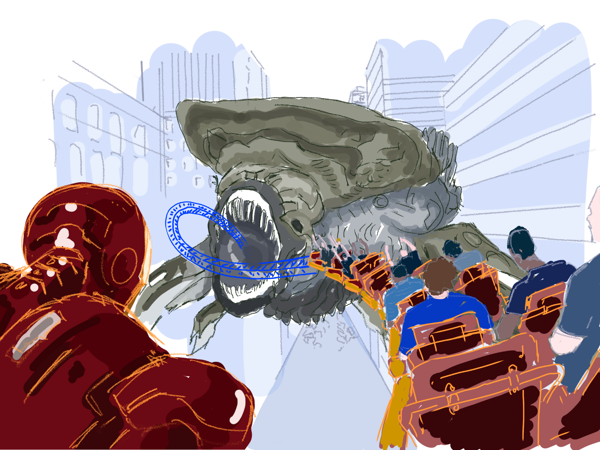 Exploratory digital sketch showing coaster riders approaching a giant Leviathan in a city street