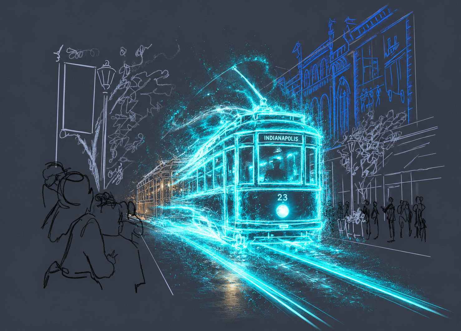 Glowing spectral trolley at night